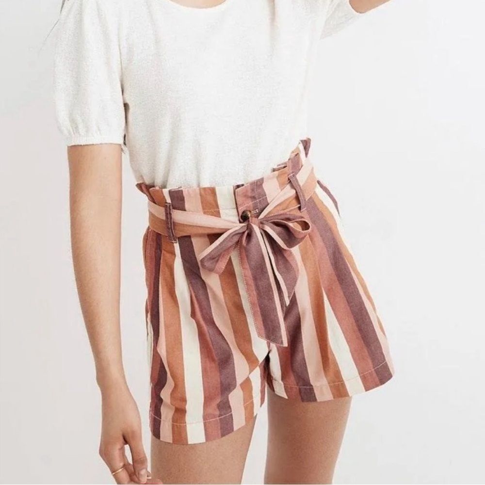 Madewell Shorts High Waist Striped Paper Bag Pink Brown Cream NEW Size 6